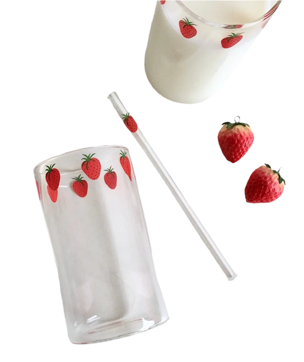 Strawberry Glass Cup with Straw – 300ml (10oz)