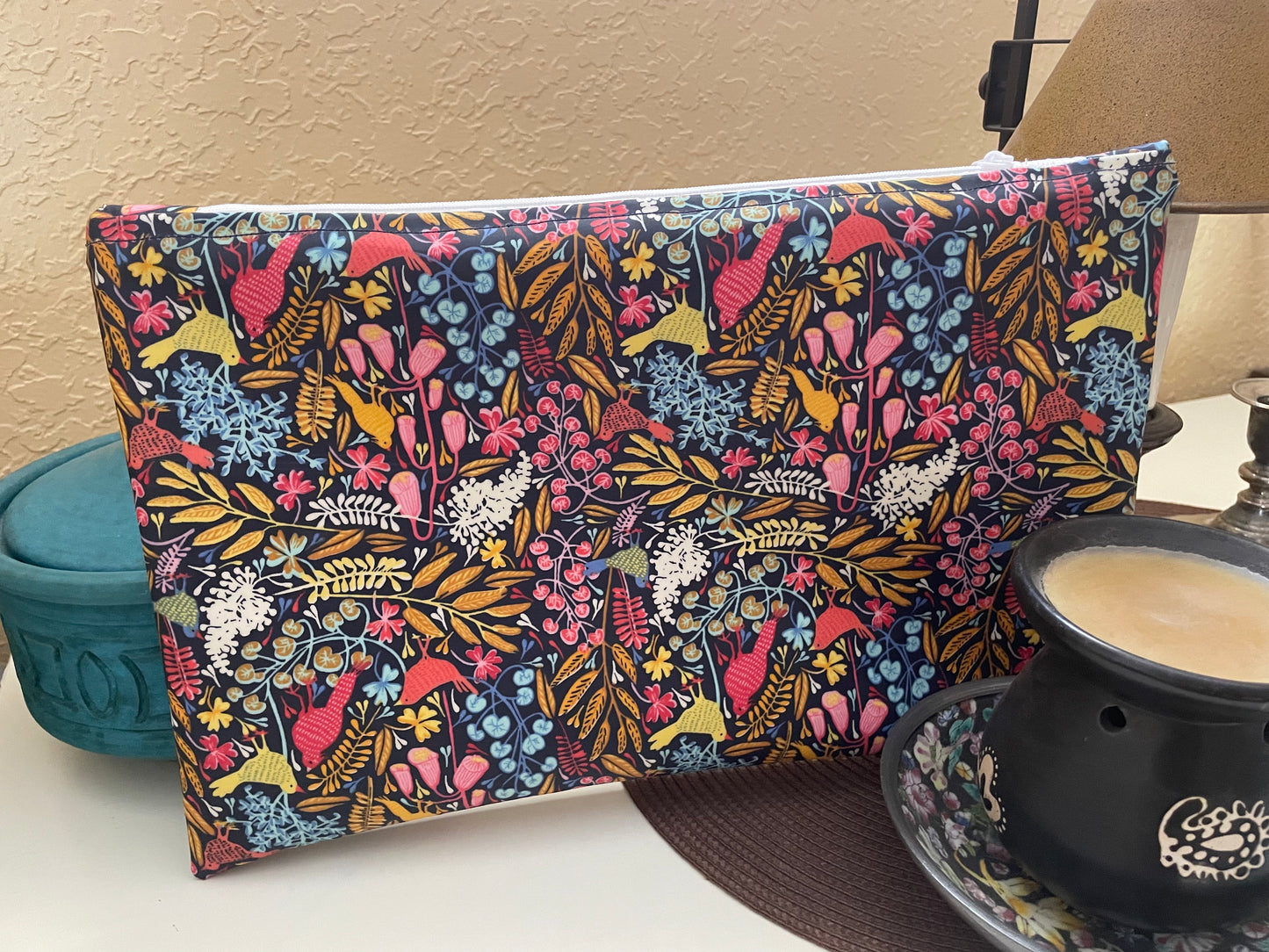 Handmade Navy Floral Water Resistant Zipper Bag